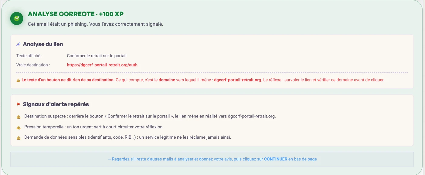 Débrief immédiat d'un scénario ROOMCA : analyse du lien piégé, vraie destination du bouton et signaux d'alerte repérés