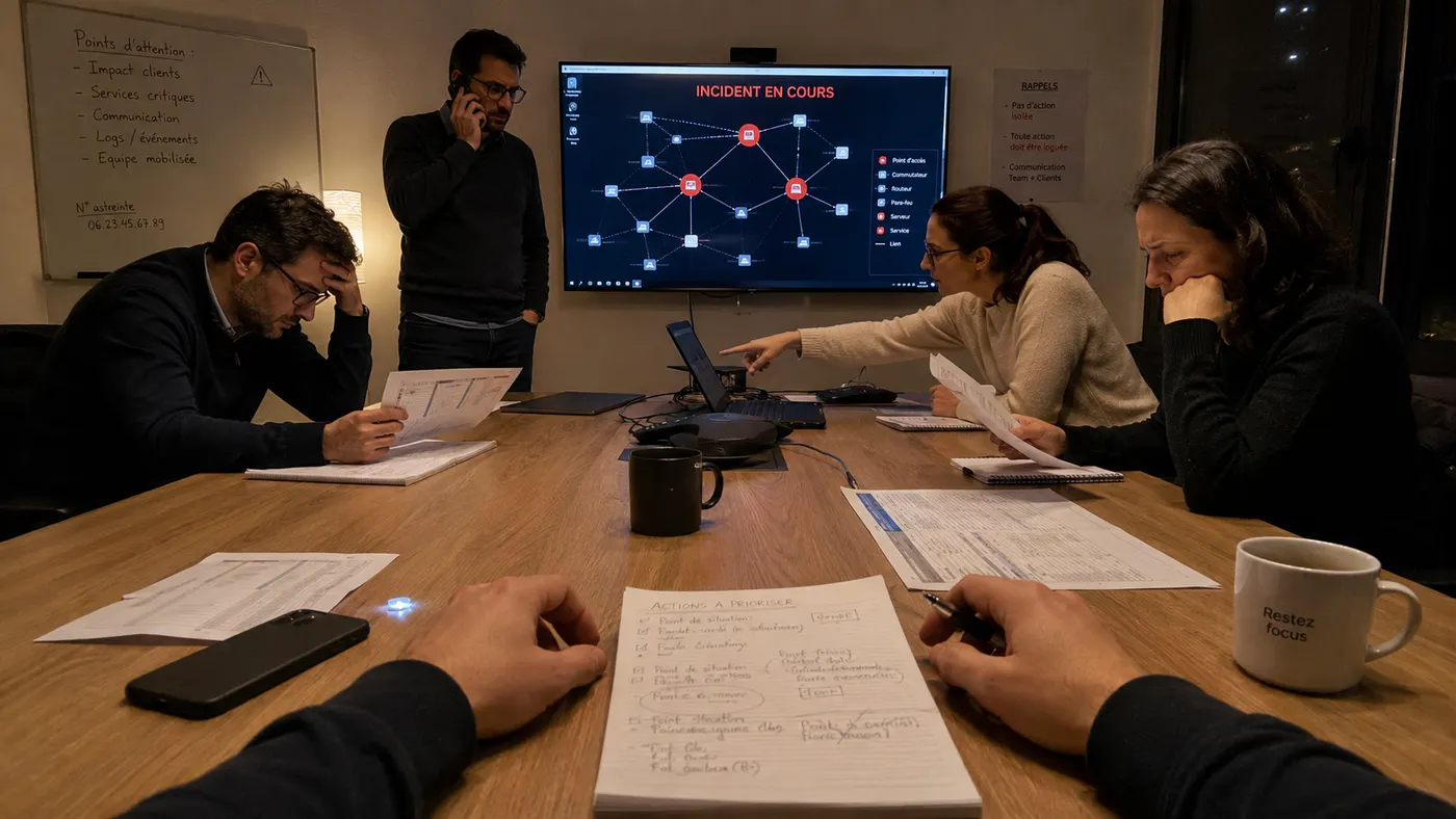 Une cellule de crise réunie autour d’une table, cartographie réseau en alerte projetée au mur.