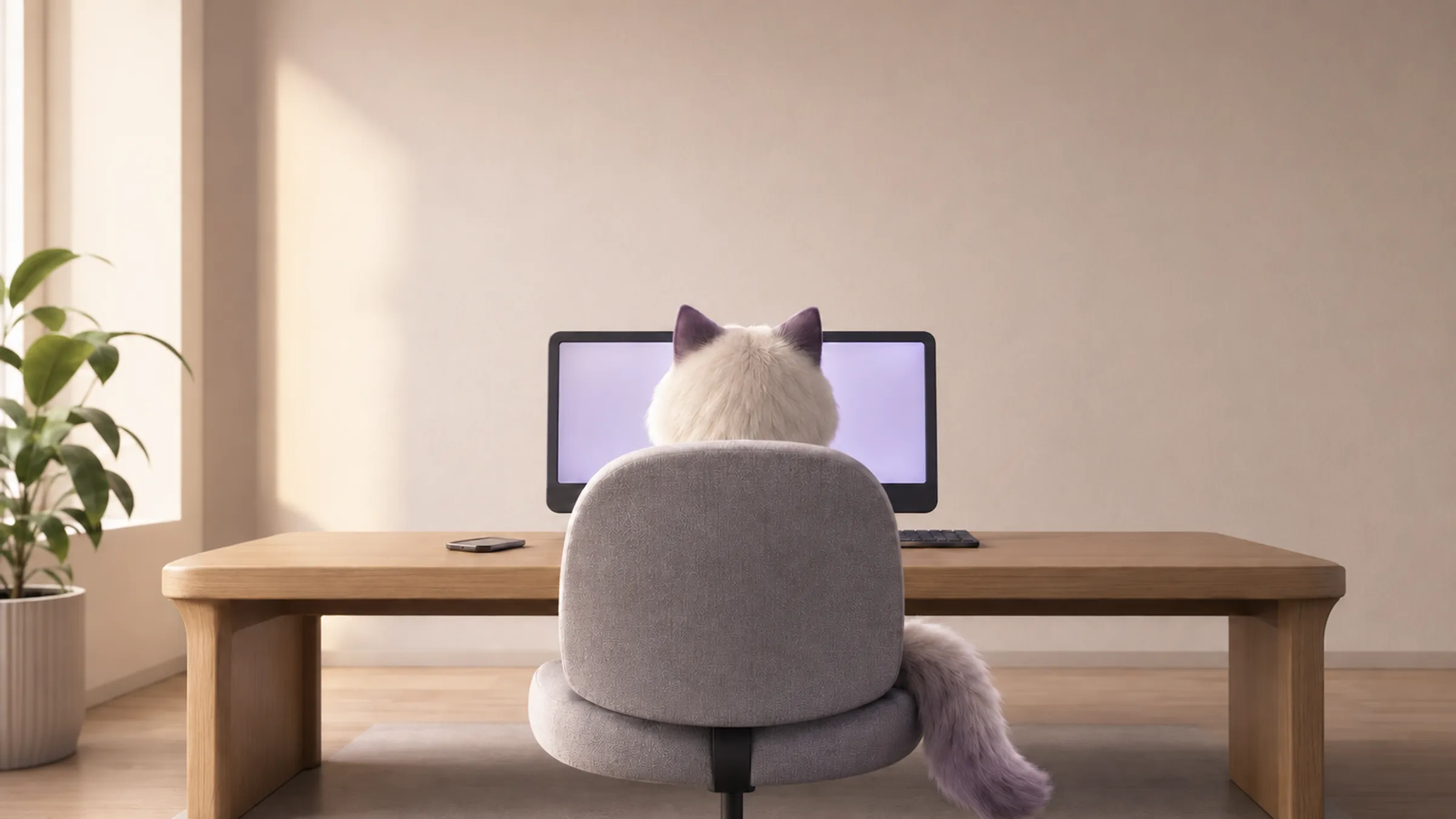 Roomy, la mascotte de ROOMCA, vue de dos, assise dans un fauteuil de bureau devant un écran, dans une pièce claire éclairée par une fenêtre