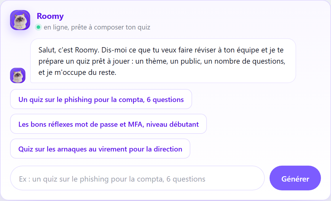 Roomy compose un quiz Kelca à partir d'une simple phrase : thème, public, nombre de questions.