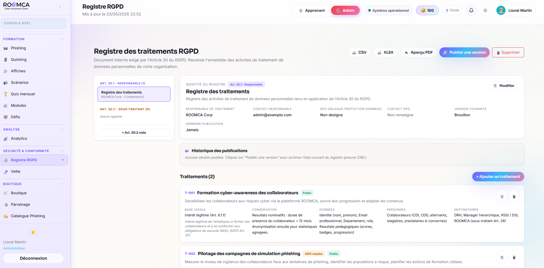 Module Conformité RGPD ROOMCA · registre des traitements et module Rapports