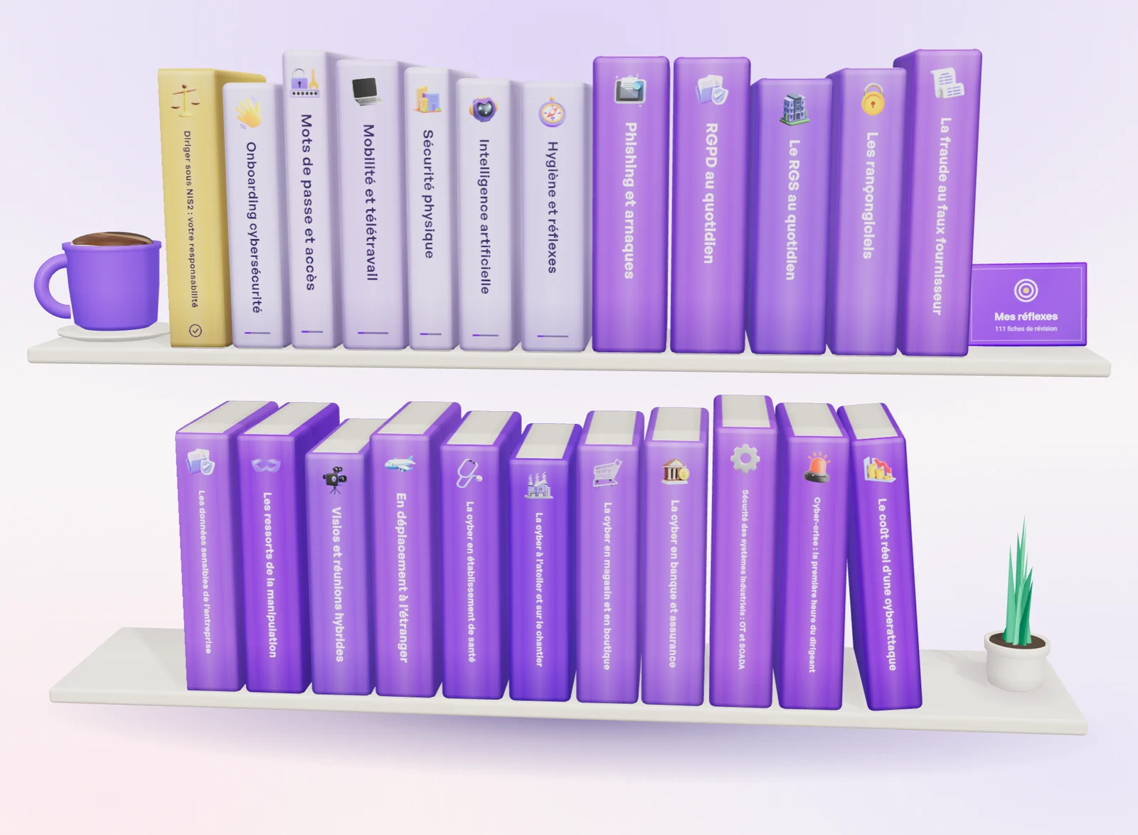 L'armoire de Roomy Academy, deux rayons où chaque module attribué est un livre dont le titre se lit sur le dos, du premier onboarding jusqu'au coût réel d'une cyberattaque.