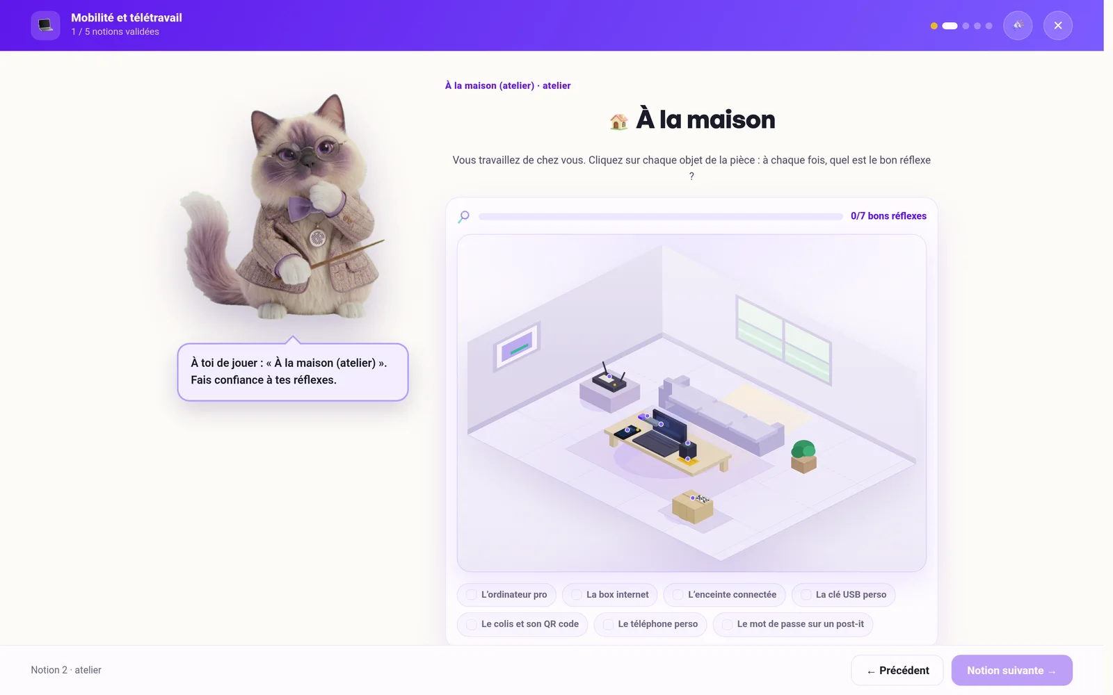 Mini-jeu 3D « À la maison », le salon d'un télétravailleur où chaque objet de la pièce se clique pour trouver le bon réflexe.