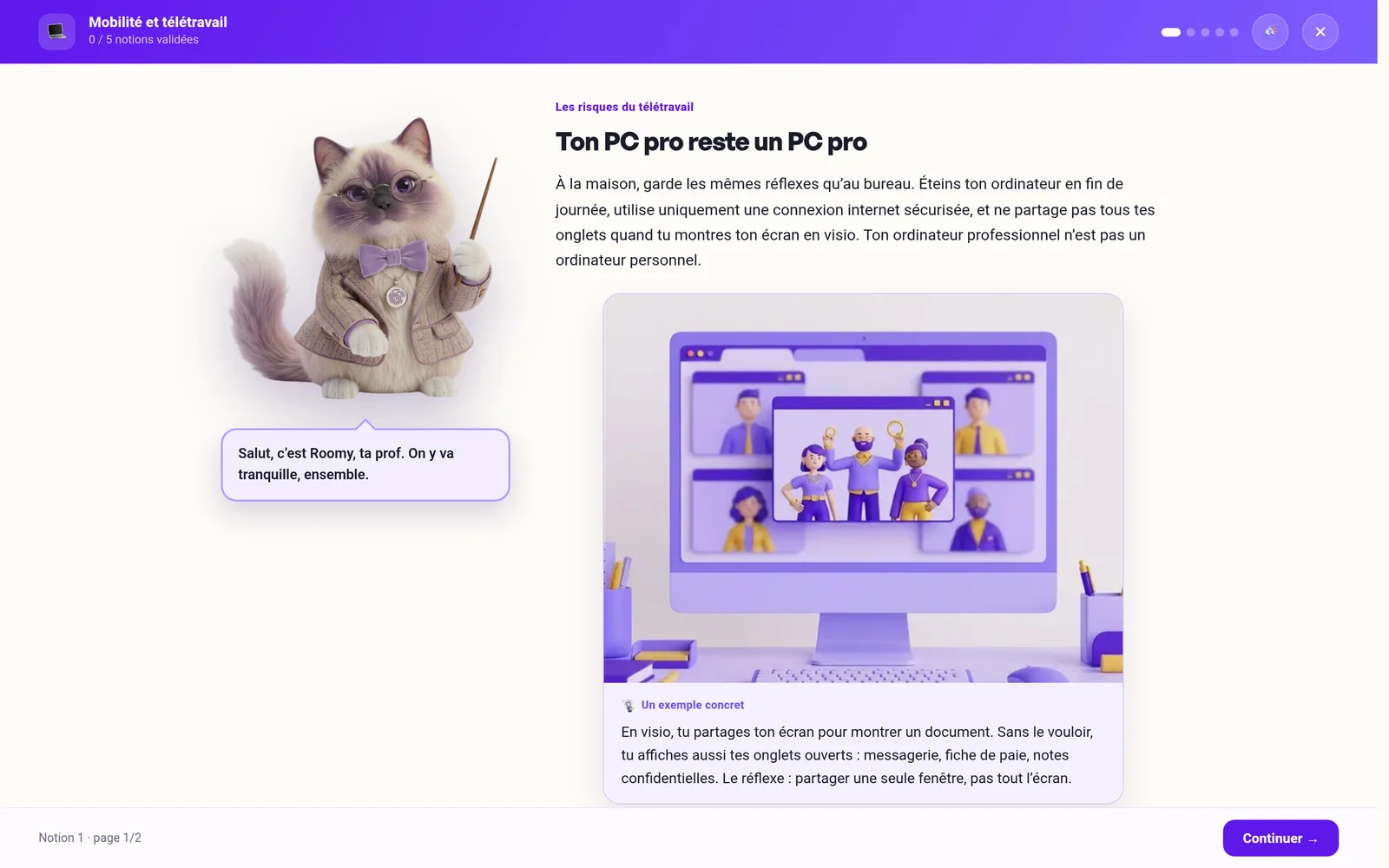 Une notion de Roomy Academy, où Roomy explique le réflexe avec un exemple concret illustré.