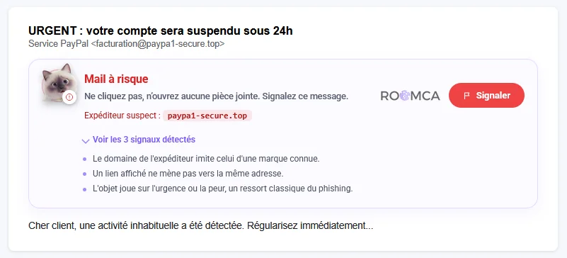 Bannière Roomy Inbox ROOMCA : verdict « Mail à risque » avec expéditeur suspect, signaux détectés et bouton Signaler.