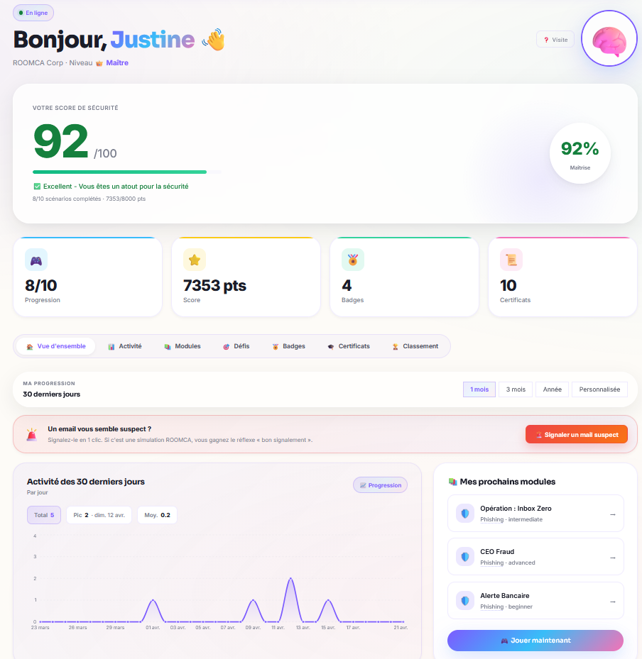 Interface apprenant ROOMCA · scénario immersif joué dans le navigateur