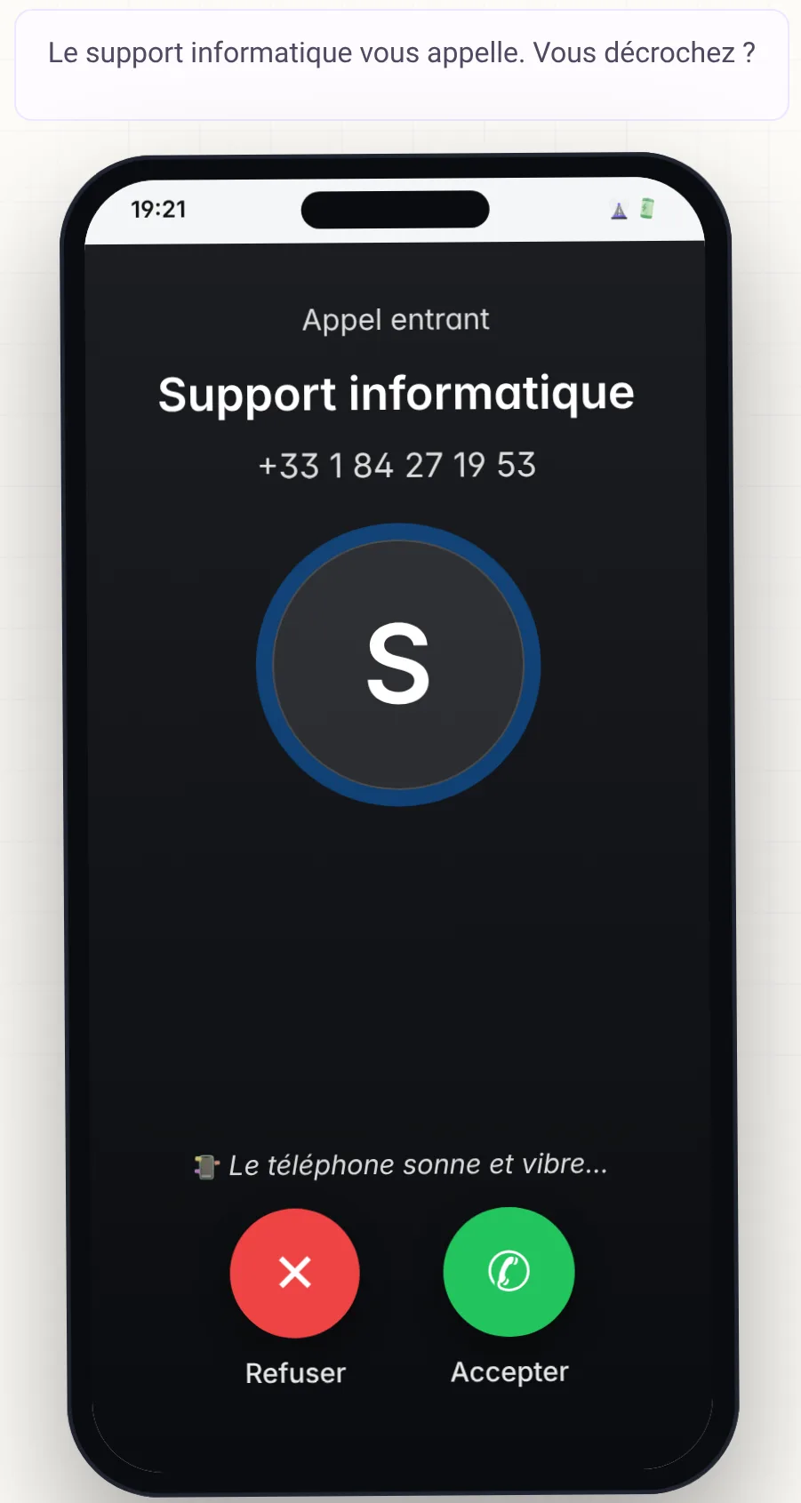 Un appel entrant sur le téléphone simulé d’une immersion ROOMCA.