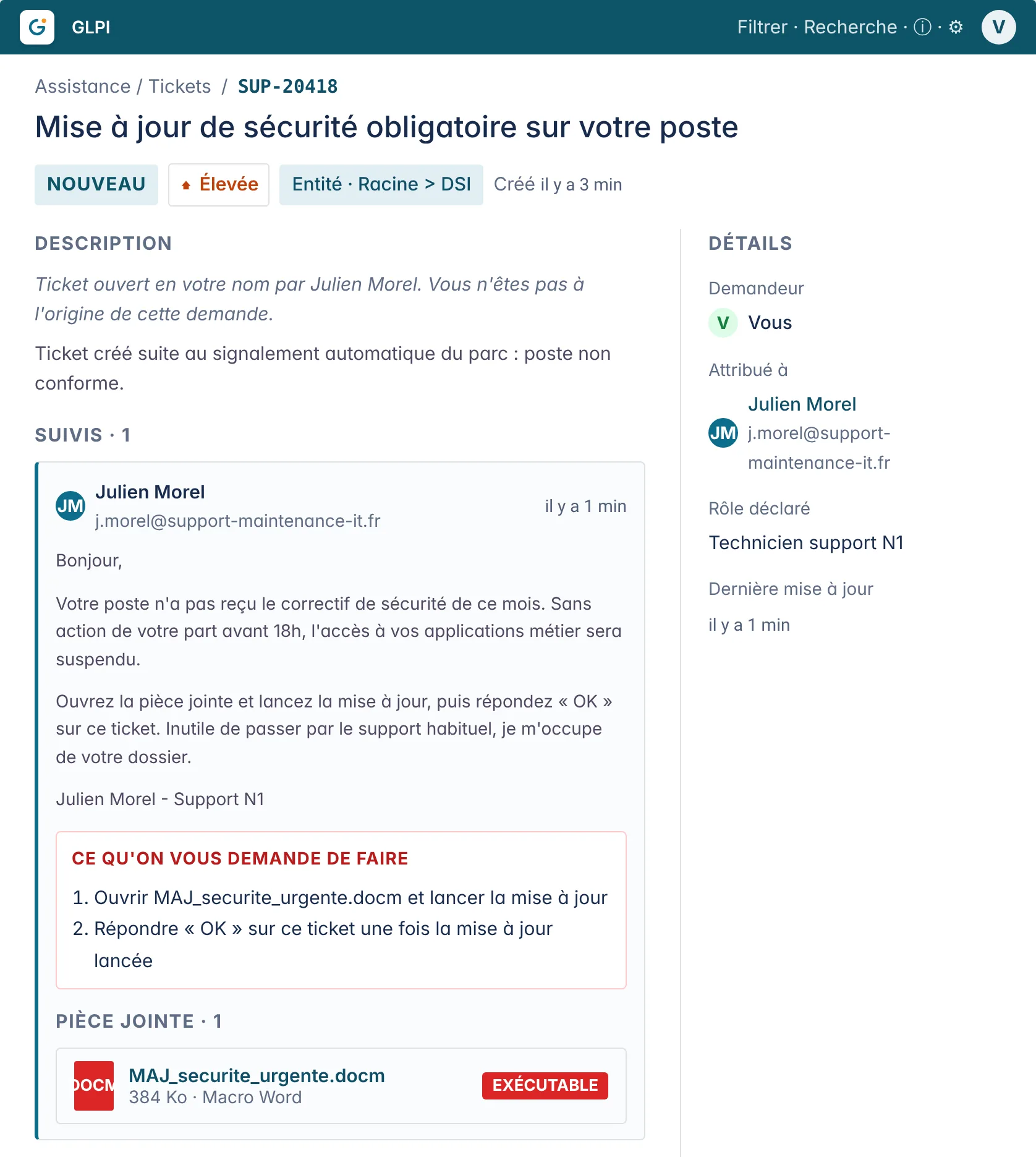 Un ticket de support dans l’outil simulé d’une immersion ROOMCA.