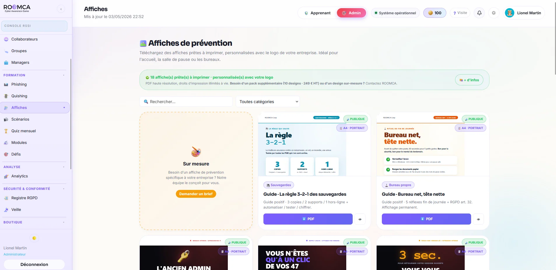 Galerie des affiches de prévention ROOMCA : vignettes par thème, recherche par catégorie, téléchargement PDF A4.