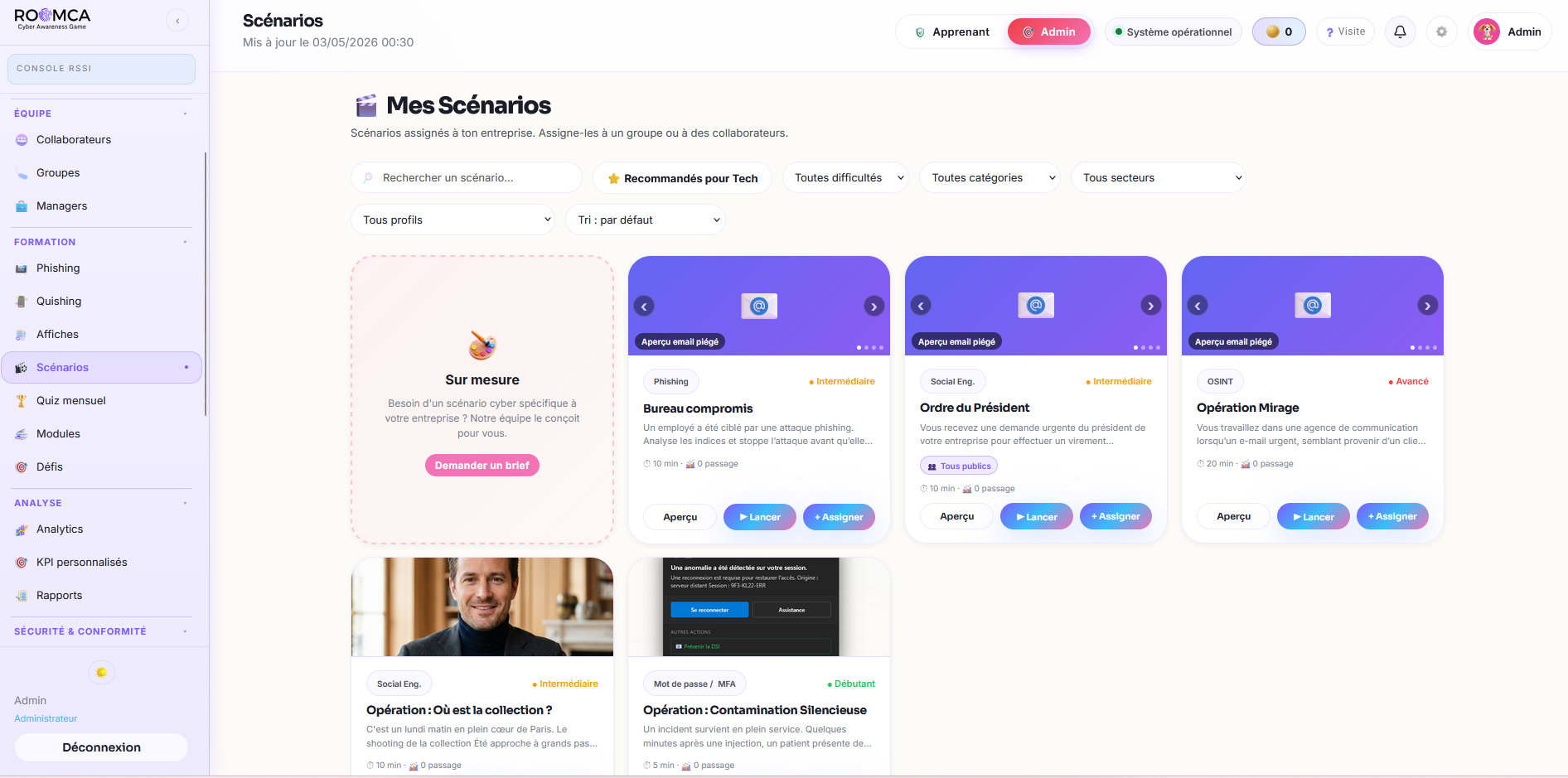 Catalogue scénarios admin