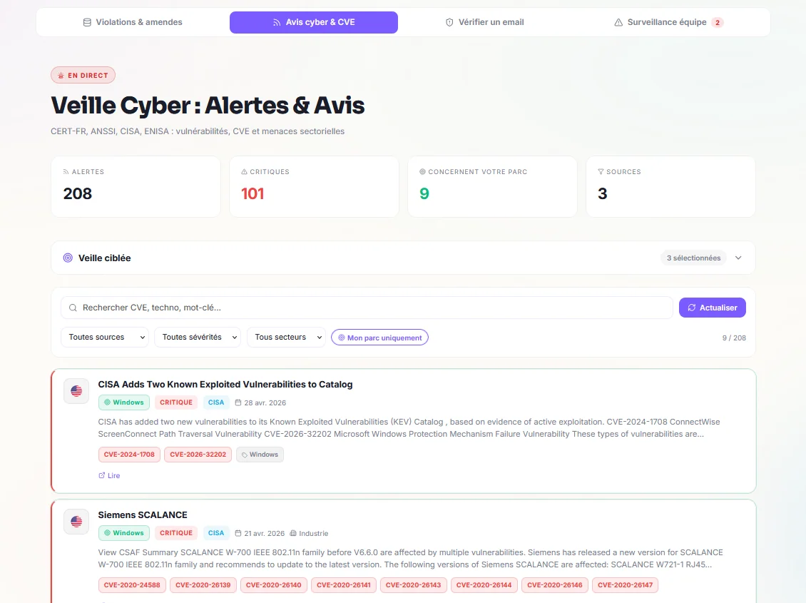 Fil de veille CyberWatch ROOMCA : alertes CERT-FR, ANSSI, CISA, ENISA et CVE, filtrées sur votre parc.