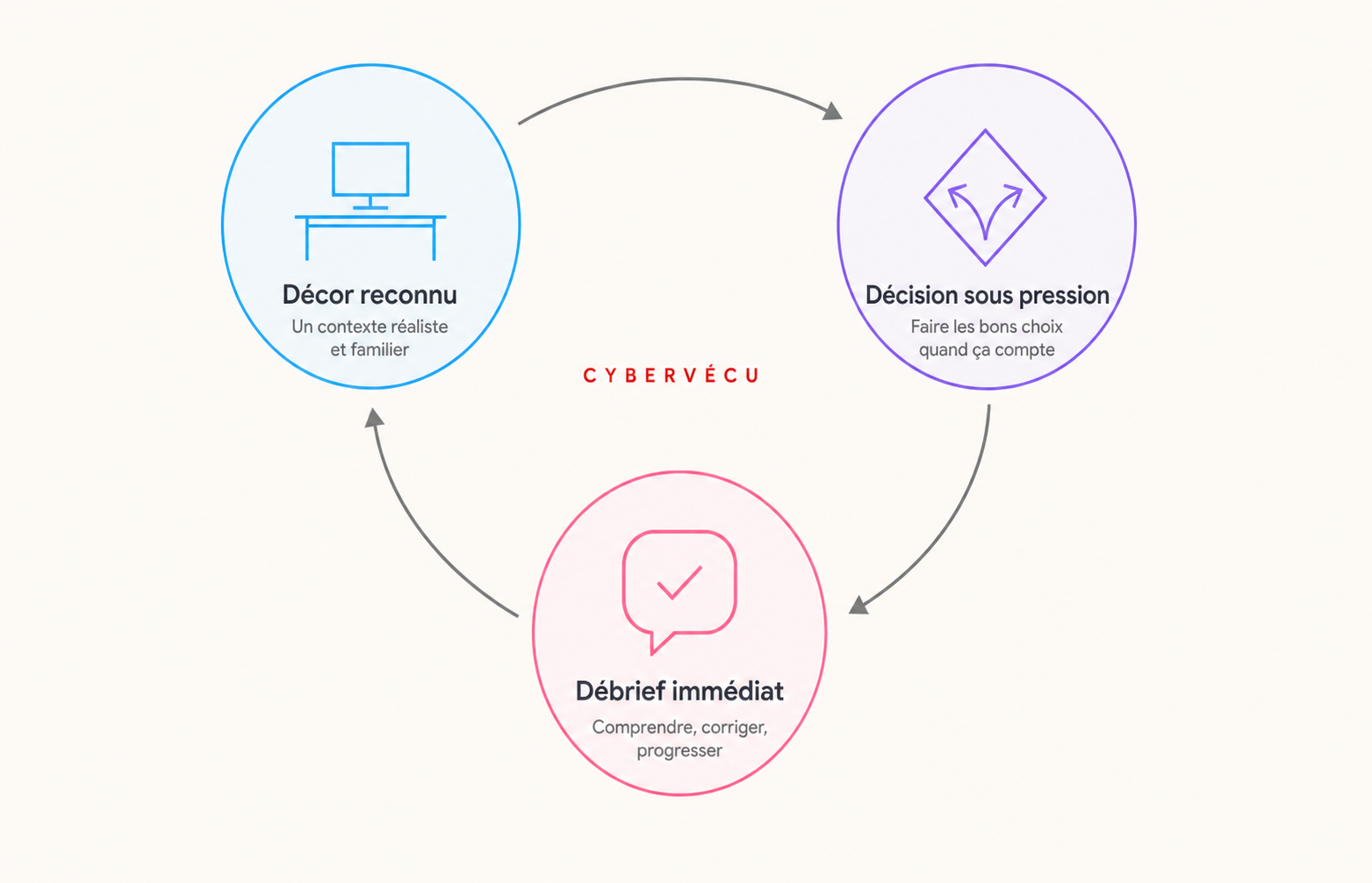 Schéma des trois principes Cybervécu : décor, décision, débrief